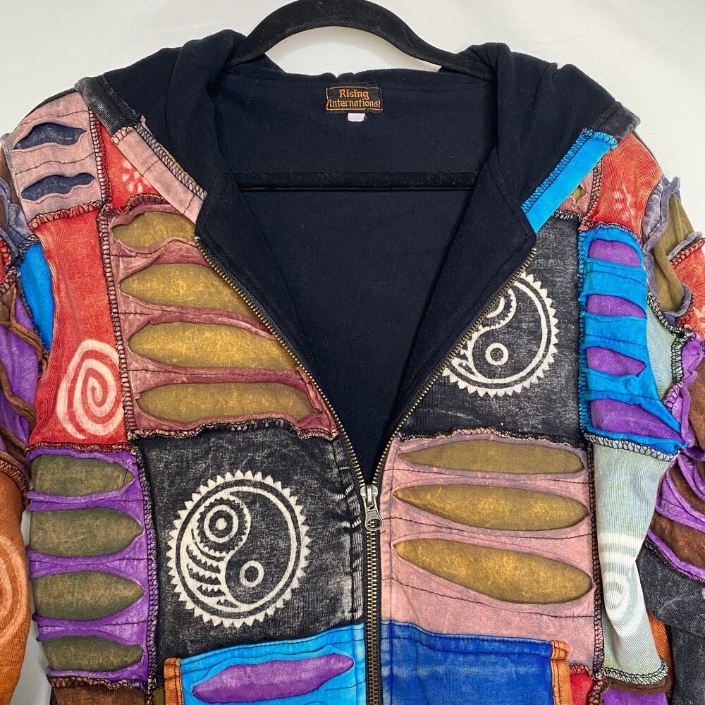 Rising International Patchwork Fleece Grunge Indie Granola Hoodie Size Large - Picture 3 of 10